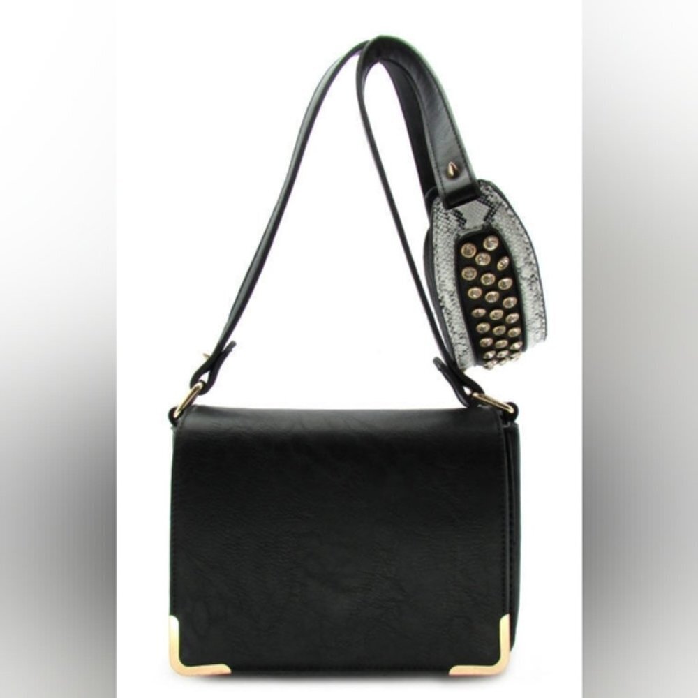 Faux Leather Shoulder Bag Wide Studded Strap Snakeprint Black Purse